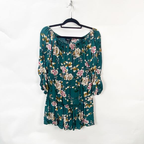 2/$30 Parisian 8 Petite Woens Green Pink Floral Print Peasant Mini Dress Tunic - Picture 1 of 9